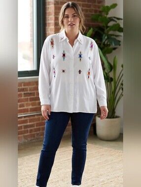 White Embroidered Button-Front Blouse with Multicolor Accents